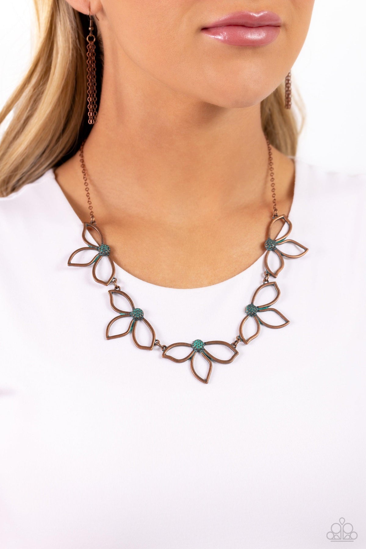 Petal Pageantry Copper Necklace - Paparazzi Accessories- on model - CarasShop.com - Paparazzi Jewelry by Cara Jewels