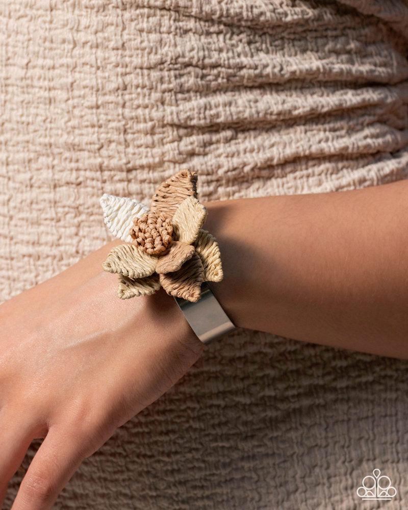 Petal Promotion Multi Brown & White Flower Cuff Bracelet - Paparazzi Accessories-on model - CarasShop.com - Paparazzi Jewelry by Cara Jewels