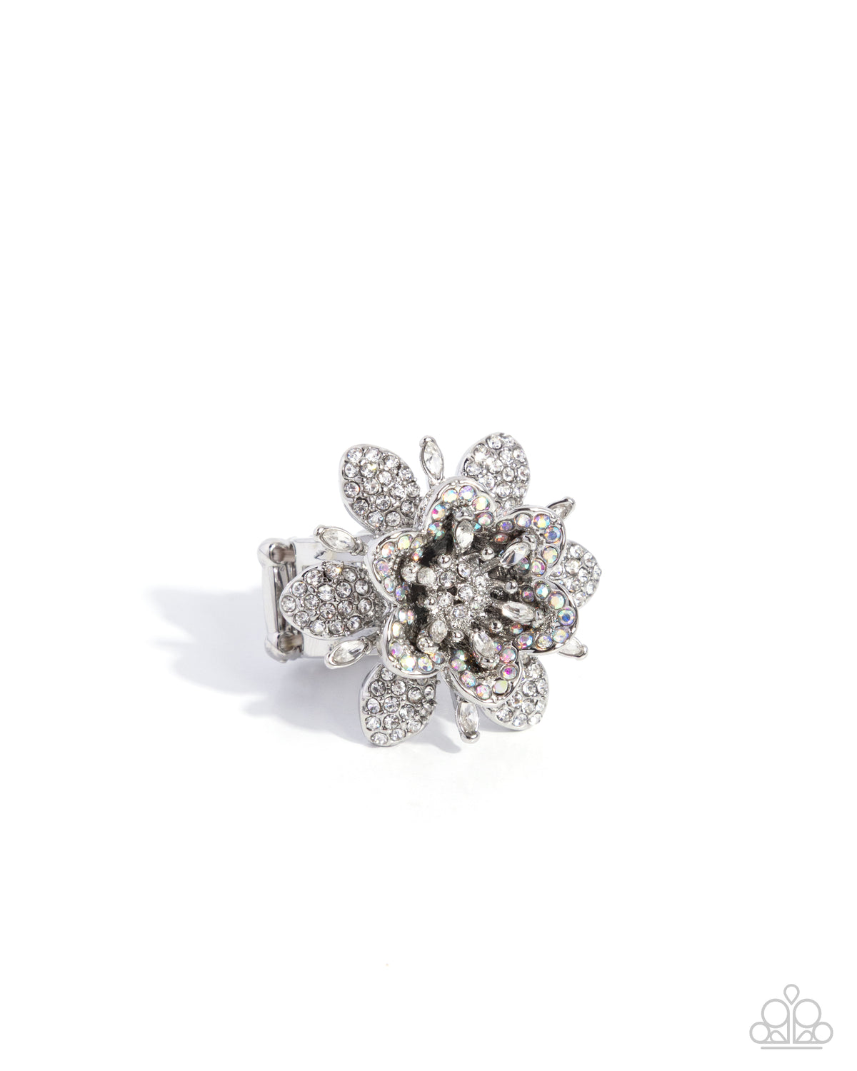 Petaled Premonition White Rhinestone Flower Ring - Paparazzi Accessories- lightbox - CarasShop.com - Paparazzi Jewelry by Cara Jewels