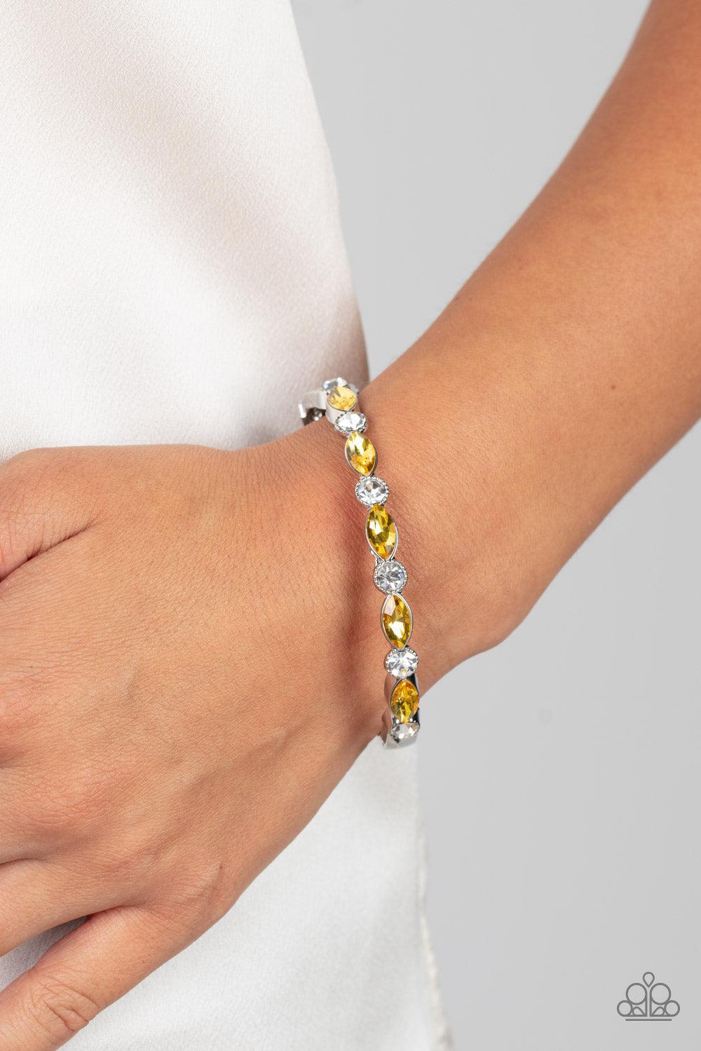 Petitely Powerhouse Yellow & White Rhinestone Bracelet - Paparazzi Accessories- lightbox - CarasShop.com - Paparazzi Jewelry by Cara Jewels