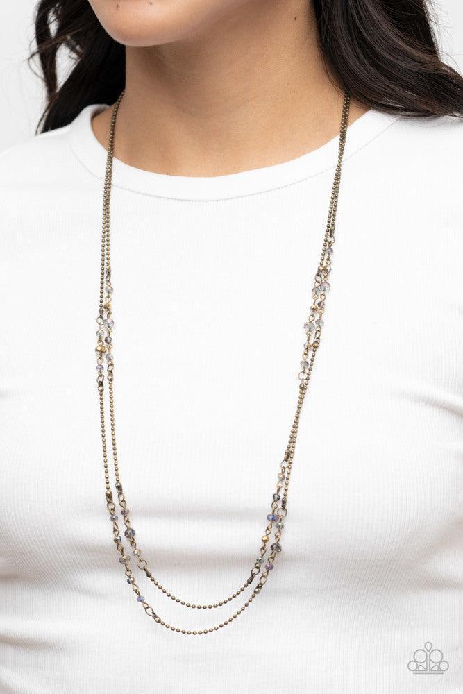 Petitely Prismatic Brass Necklace - Paparazzi Accessories- on model - CarasShop.com - Paparazzi Jewelry by Cara Jewels