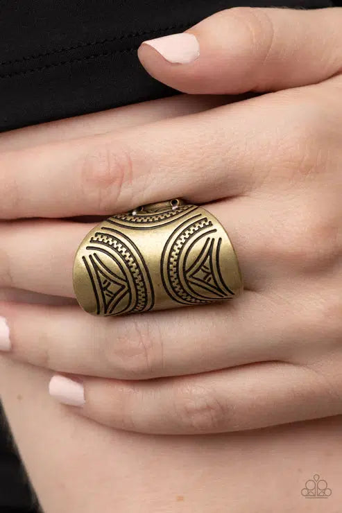 Pharaoh Party Brass Ring - Paparazzi Accessories- lightbox - CarasShop.com - Paparazzi Jewelry by Cara Jewels