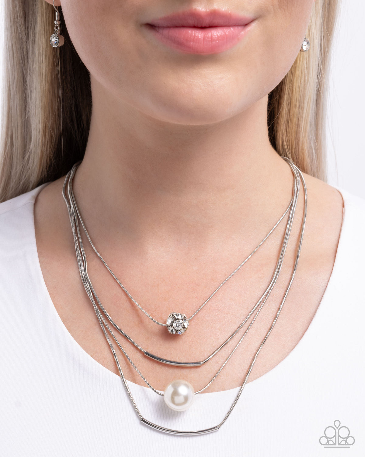 Phenomenal Pearls White Pearl & Rhinestone Layered Necklace - Paparazzi Accessories- on model - CarasShop.com - Paparazzi Jewelry by Cara Jewels