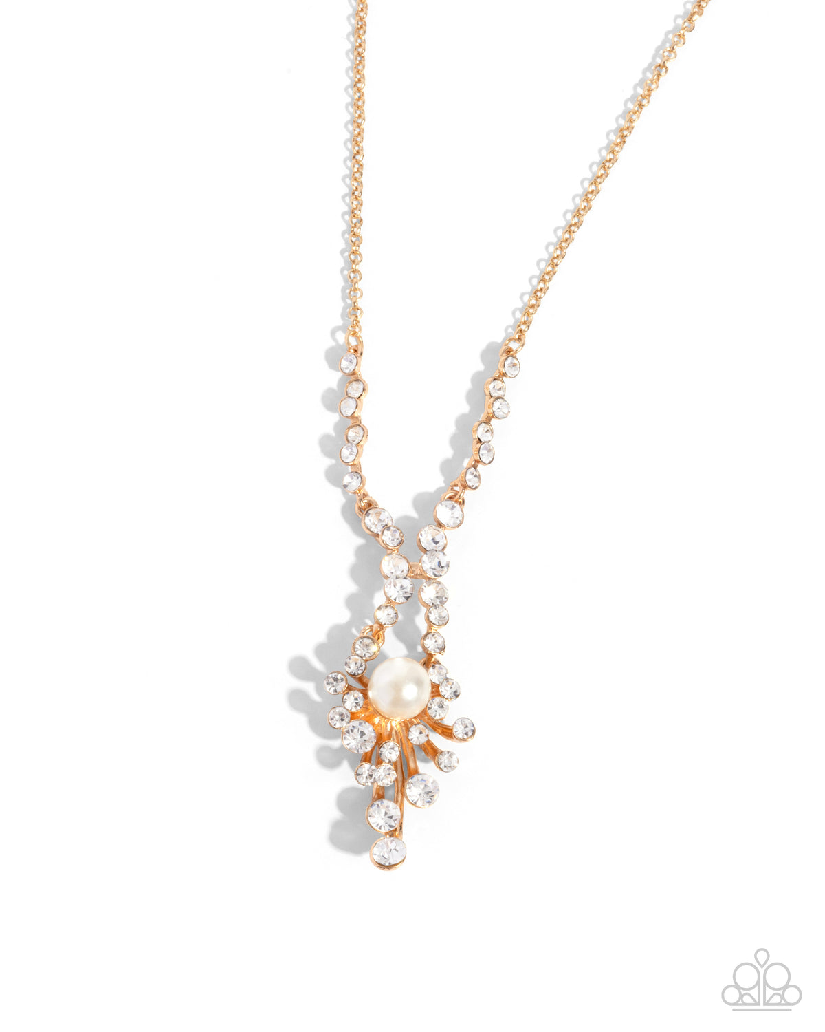 Phenomenal Pizzazz Gold & White Rhinestone & Pearl Necklace - Paparazzi Accessories- lightbox - CarasShop.com - Paparazzi Jewelry by Cara Jewels
