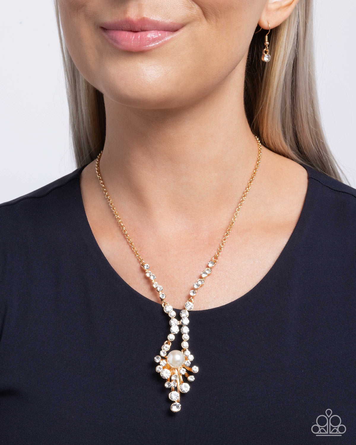 Phenomenal Pizzazz Gold & White Rhinestone & Pearl Necklace - Paparazzi Accessories-on model - CarasShop.com - Paparazzi Jewelry by Cara Jewels