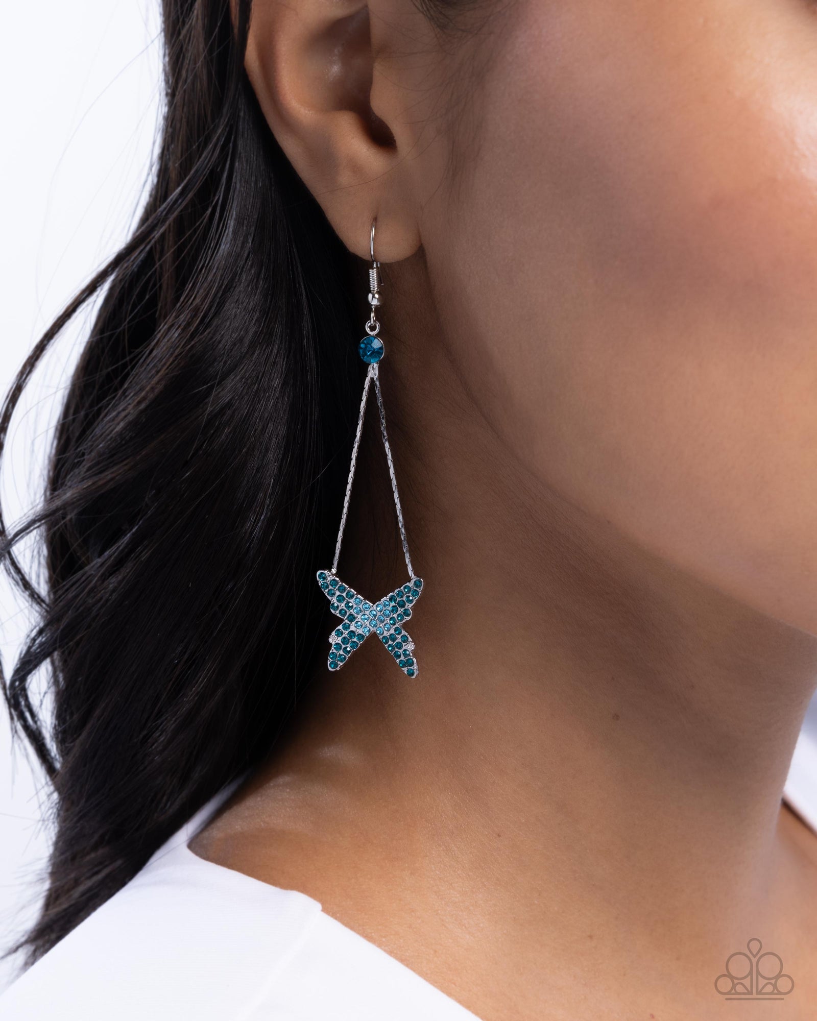 Pick A FLIGHT Blue Rhinestone Butterfly Earrings - Paparazzi Accessories- lightbox - CarasShop.com - Paparazzi Jewelry by Cara Jewels