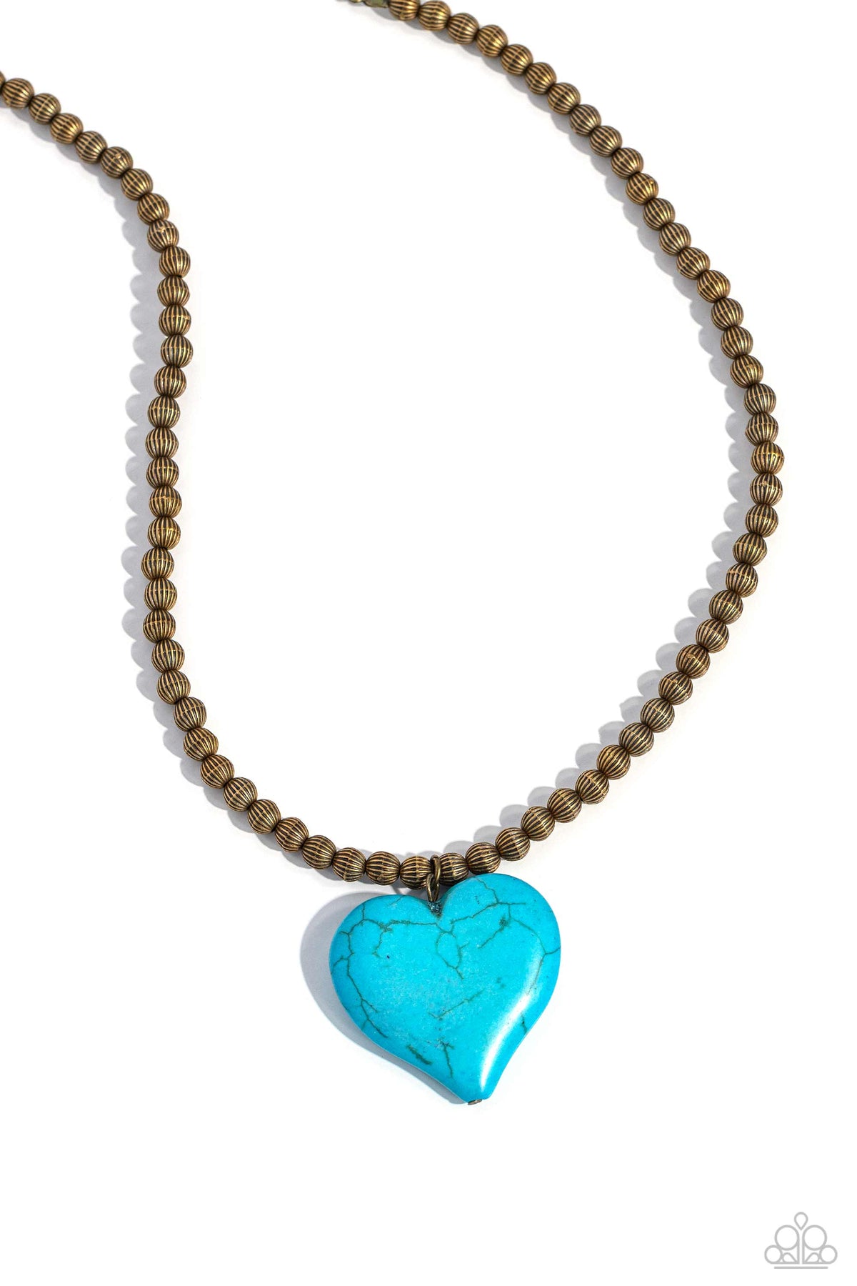 Picturesque Pairing Brass & Turquoise Stone Heart Necklace - Paparazzi Accessories- lightbox - CarasShop.com - Paparazzi Jewelry by Cara Jewels