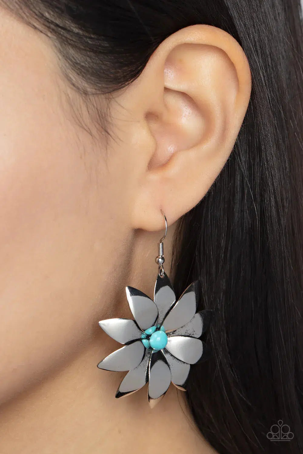 Pinwheel Prairies Blue Earrings - Paparazzi Accessories- on model - CarasShop.com - Paparazzi Jewelry by Cara Jewels