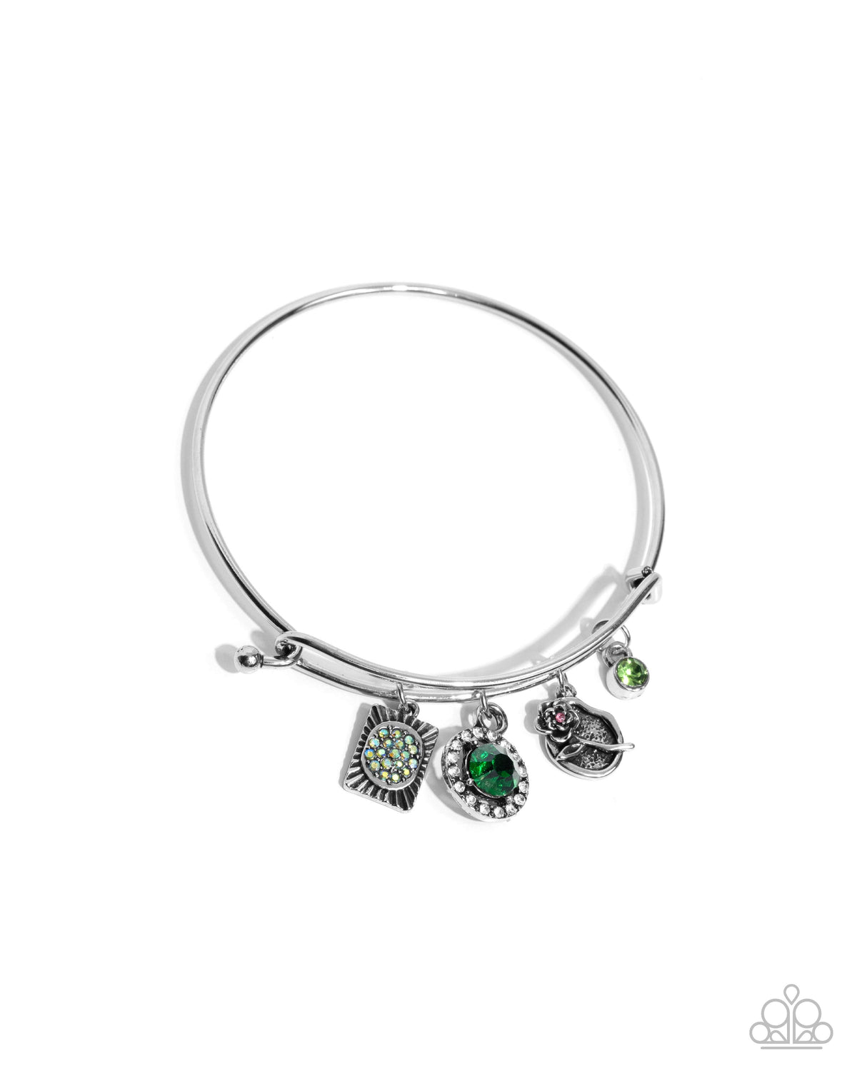 Playful Pageantry Green Rhinestone Charm Bangle Bracelet - Paparazzi Accessories- lightbox - CarasShop.com - Paparazzi Jewelry by Cara Jewels