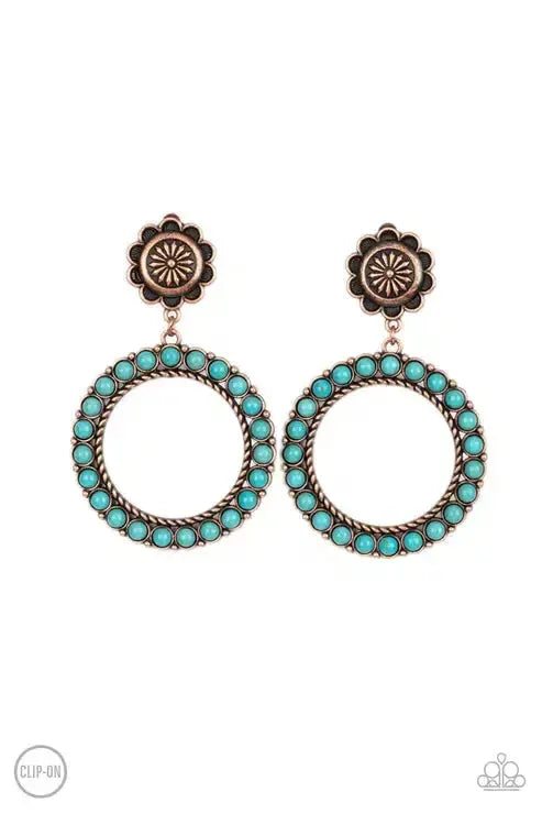Playfully Prairie Copper Clip-on Earrings - Paparazzi Accessories- lightbox - CarasShop.com - Paparazzi Jewelry by Cara Jewels