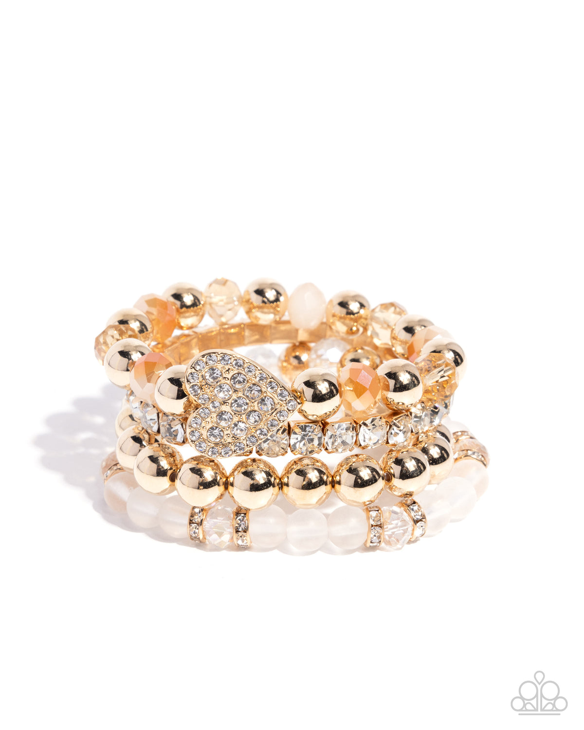 Poetically Plush White Rhinestone & Gold Heart Bracelet - Paparazzi Accessories- lightbox - CarasShop.com - Paparazzi Jewelry by Cara Jewels
