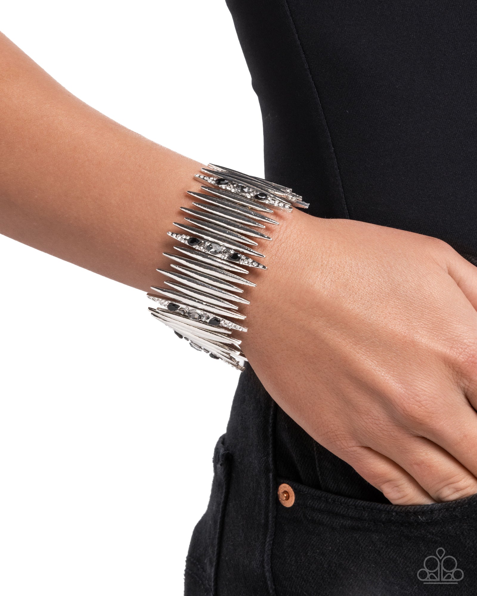 Pointed Potential Black Rhinestone & Silver Bracelet- lightbox - CarasShop.com - Paparazzi Jewelry by Cara Jewels