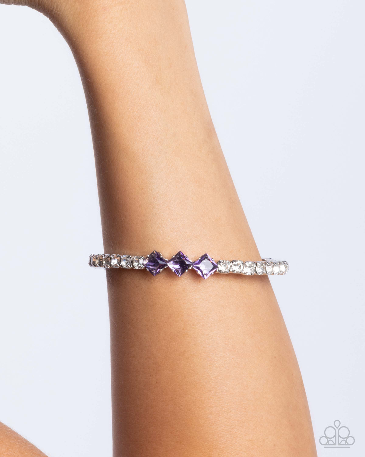 Pointed Production Purple & White Rhinestone Bracelet - Paparazzi Accessories- on model - CarasShop.com - Paparazzi Jewelry by Cara Jewels