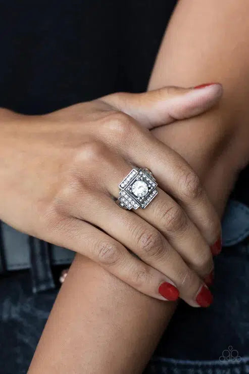 Polished Pantheon White Ring - Paparazzi Accessories- on model - CarasShop.com - Paparazzi Jewelry by Cara Jewels