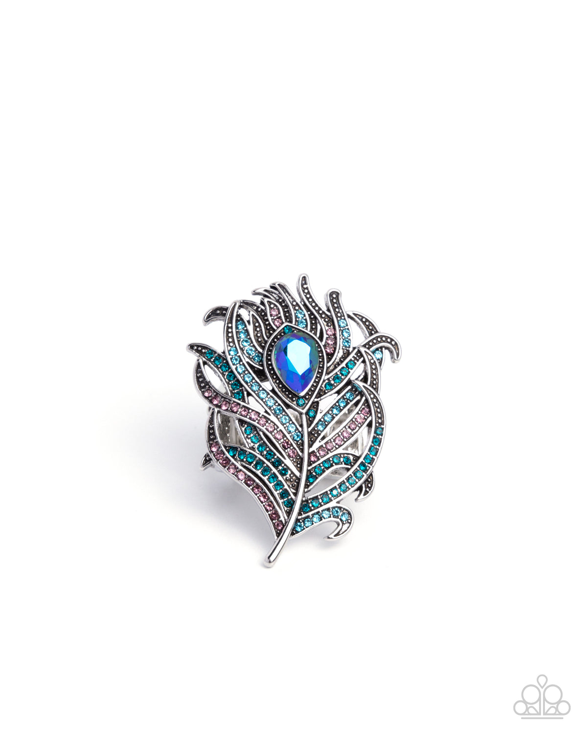 Polished Peacock Blue Rhinestone Feather Ring - Paparazzi Accessories- lightbox - CarasShop.com - Paparazzi Jewelry by Cara Jewels