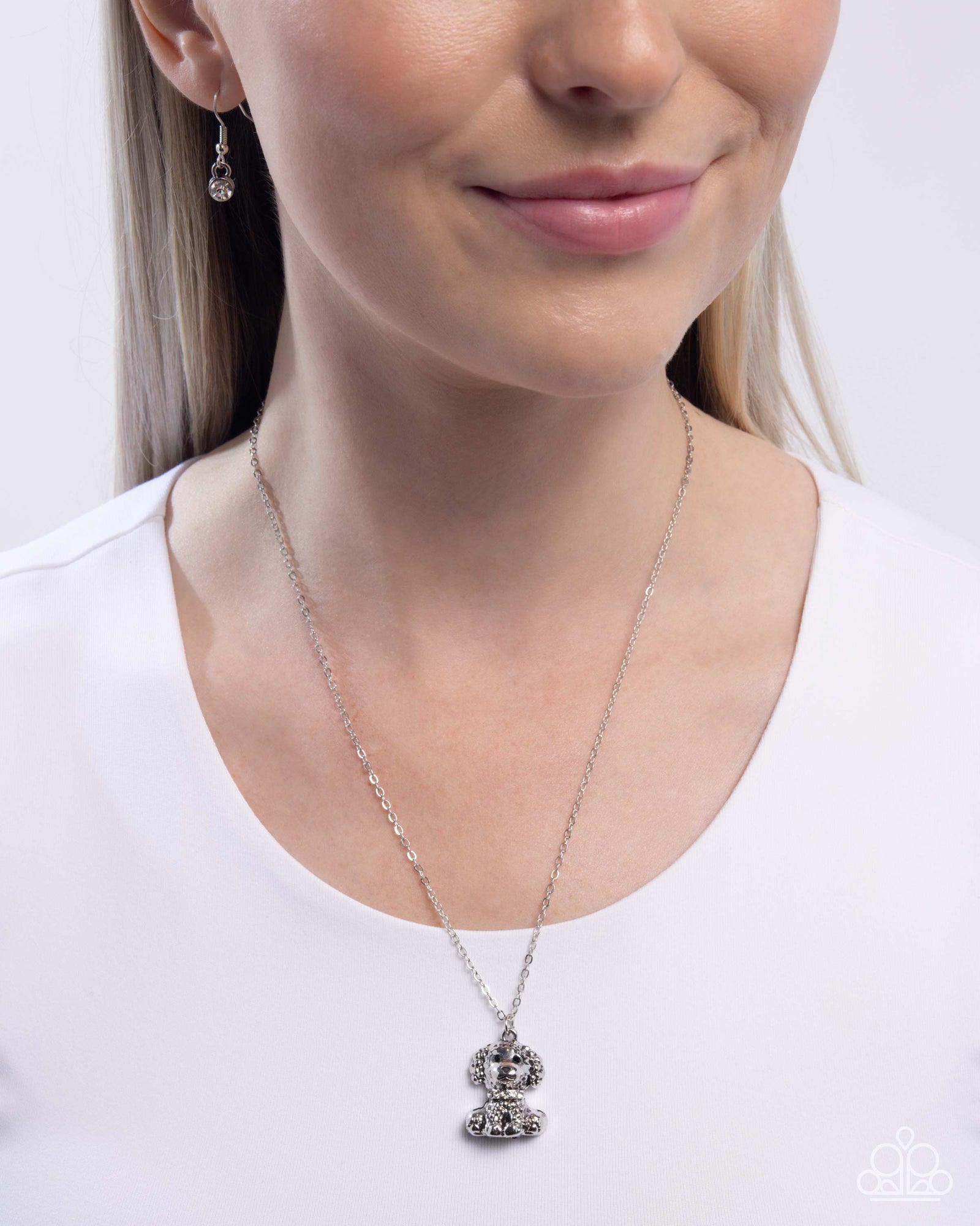 Poodle Pizzazz White Rhinestone & Silver Necklace - Paparazzi Accessories- lightbox - CarasShop.com - Paparazzi Jewelry by Cara Jewels