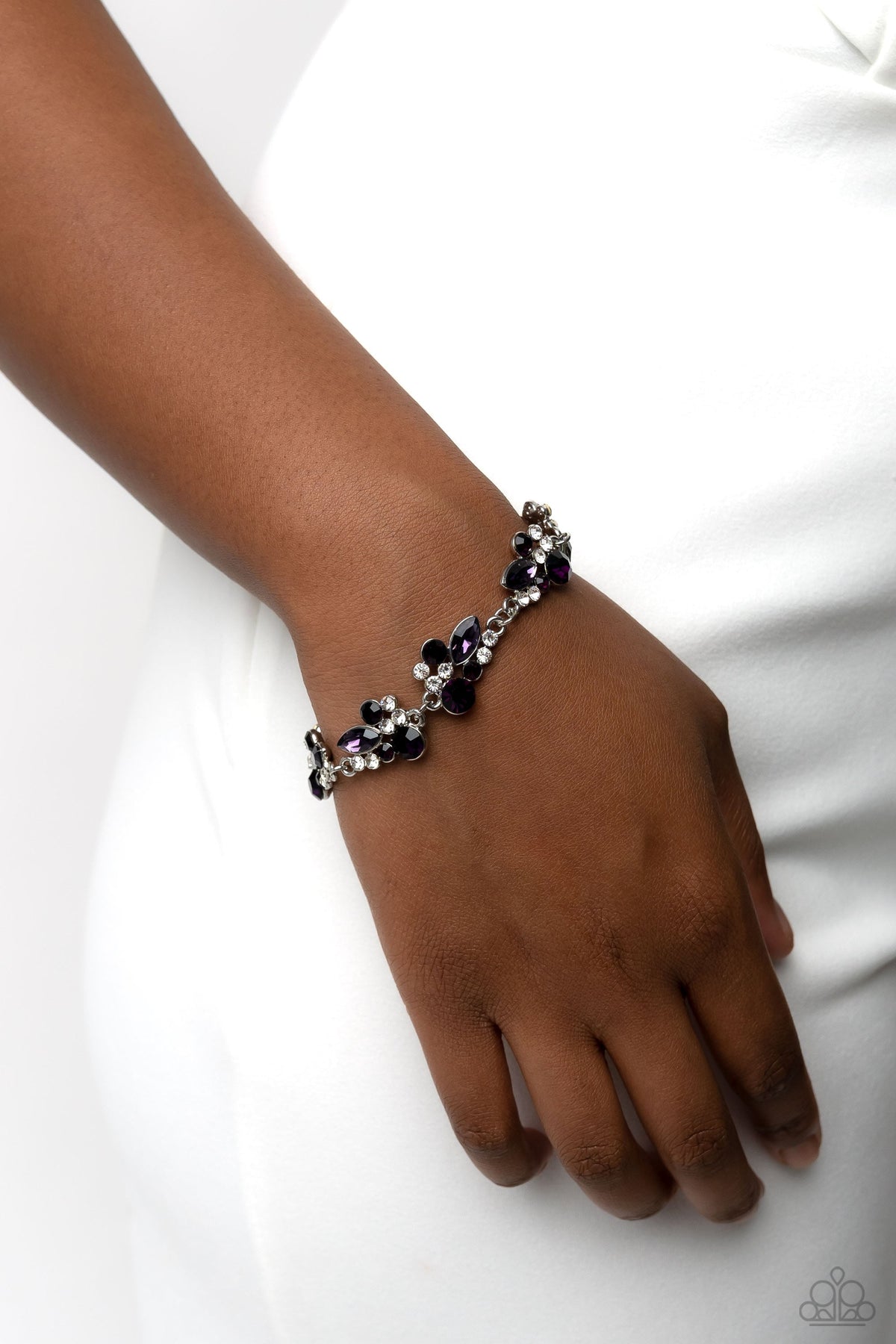 Poolside Perfection Purple Rhinestone Bracelet - Paparazzi Accessories- on model - CarasShop.com - Paparazzi Jewelry by Cara Jewels