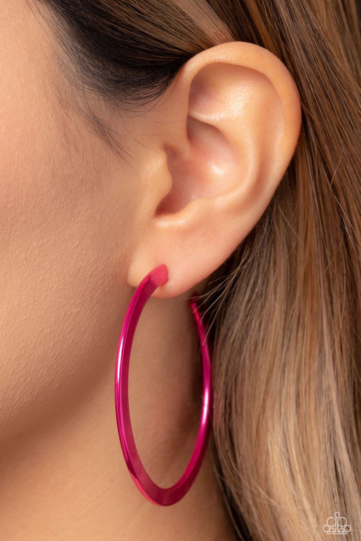 Pop HOOP Pink Hoop Earrings - Paparazzi Accessories- on model - CarasShop.com - Paparazzi Jewelry by Cara Jewels