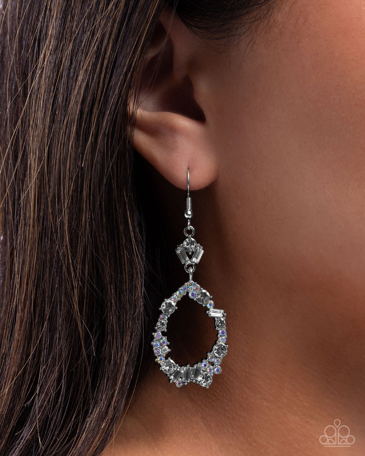Poppin Pizzazz White Rhinestone Earrings - Paparazzi Accessories- on model - CarasShop.com - Paparazzi Jewelry by Cara Jewels