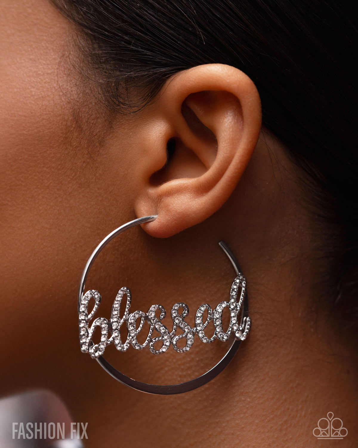 Positive Mantra White Rhinestone "Blessed" Hoop Earrings - Paparazzi Accessories-on model - CarasShop.com - Paparazzi Jewelry by Cara Jewels