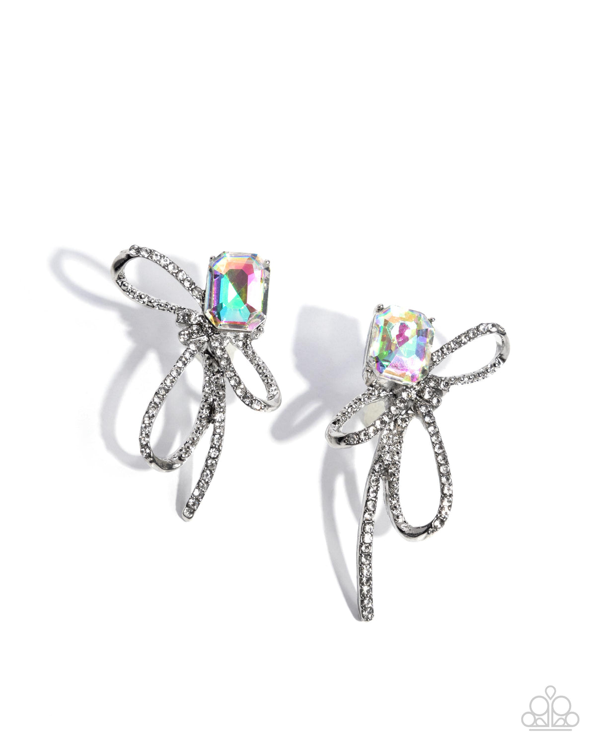 Positively Radiant Multi Iridescent Gem & Rhinestone Bow Earrings - Paparazzi Accessories- lightbox - CarasShop.com - Paparazzi Jewelry by Cara Jewels