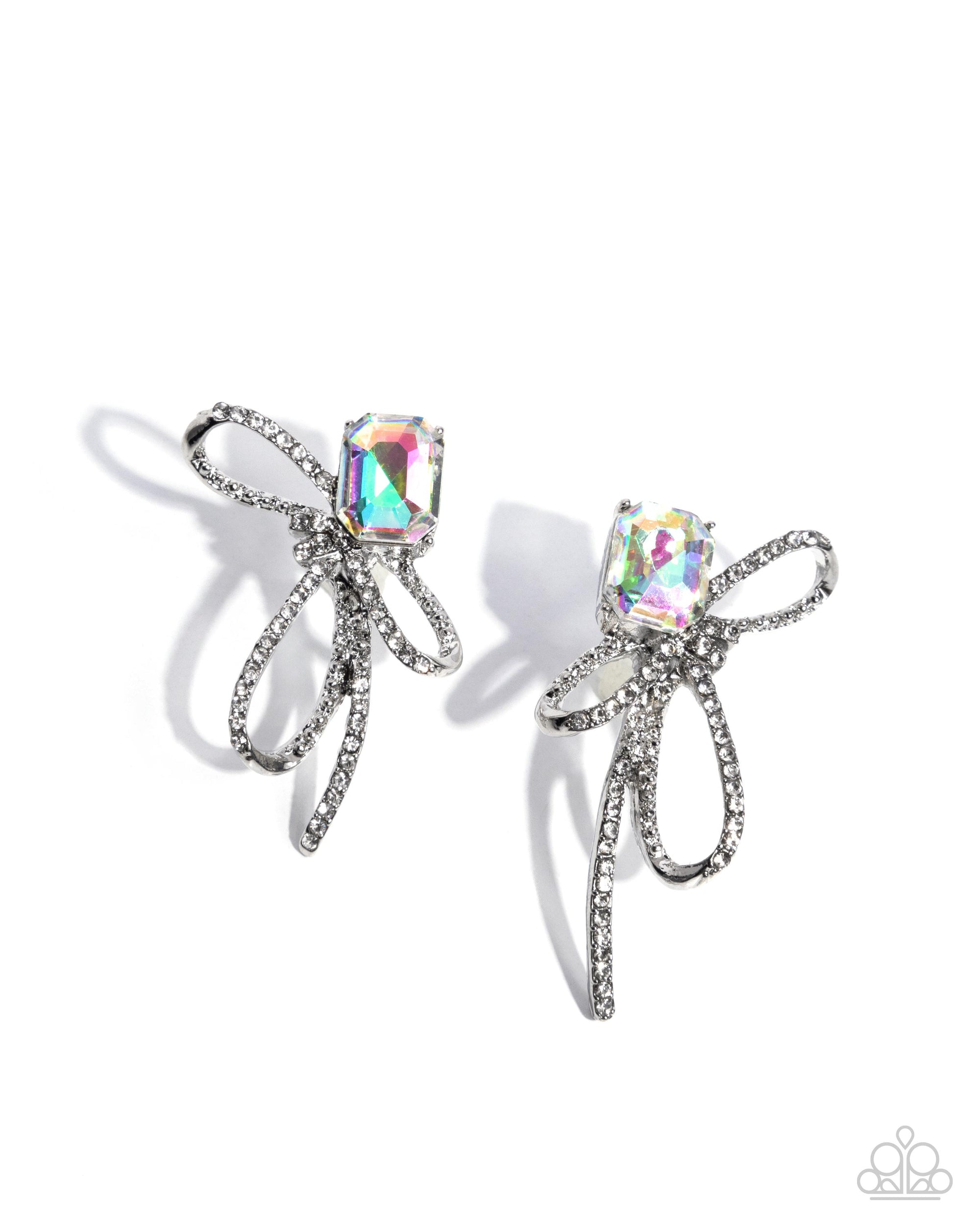 Positively Radiant Multi Iridescent Gem & Rhinestone Bow Earrings - Paparazzi Accessories- lightbox - CarasShop.com - Paparazzi Jewelry by Cara Jewels