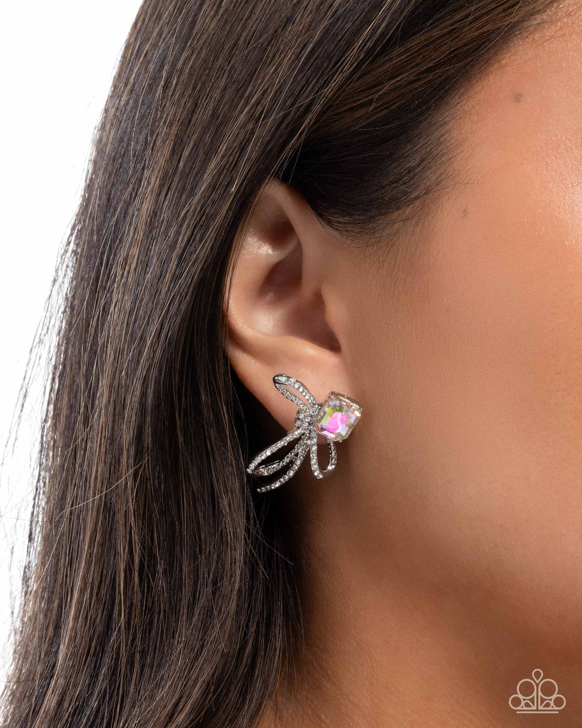 Positively Radiant Multi Iridescent Gem & Rhinestone Bow Earrings - Paparazzi Accessories-on model - CarasShop.com - Paparazzi Jewelry by Cara Jewels