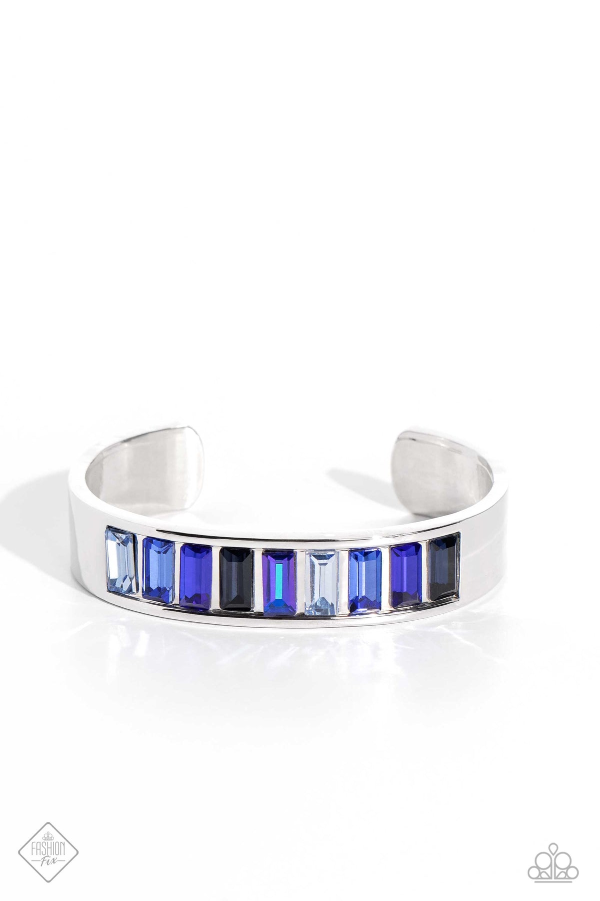 Practiced Poise Blue Rhinestone Cuff Bracelet - Paparazzi Accessories- lightbox - CarasShop.com - Paparazzi Jewelry by Cara Jewels