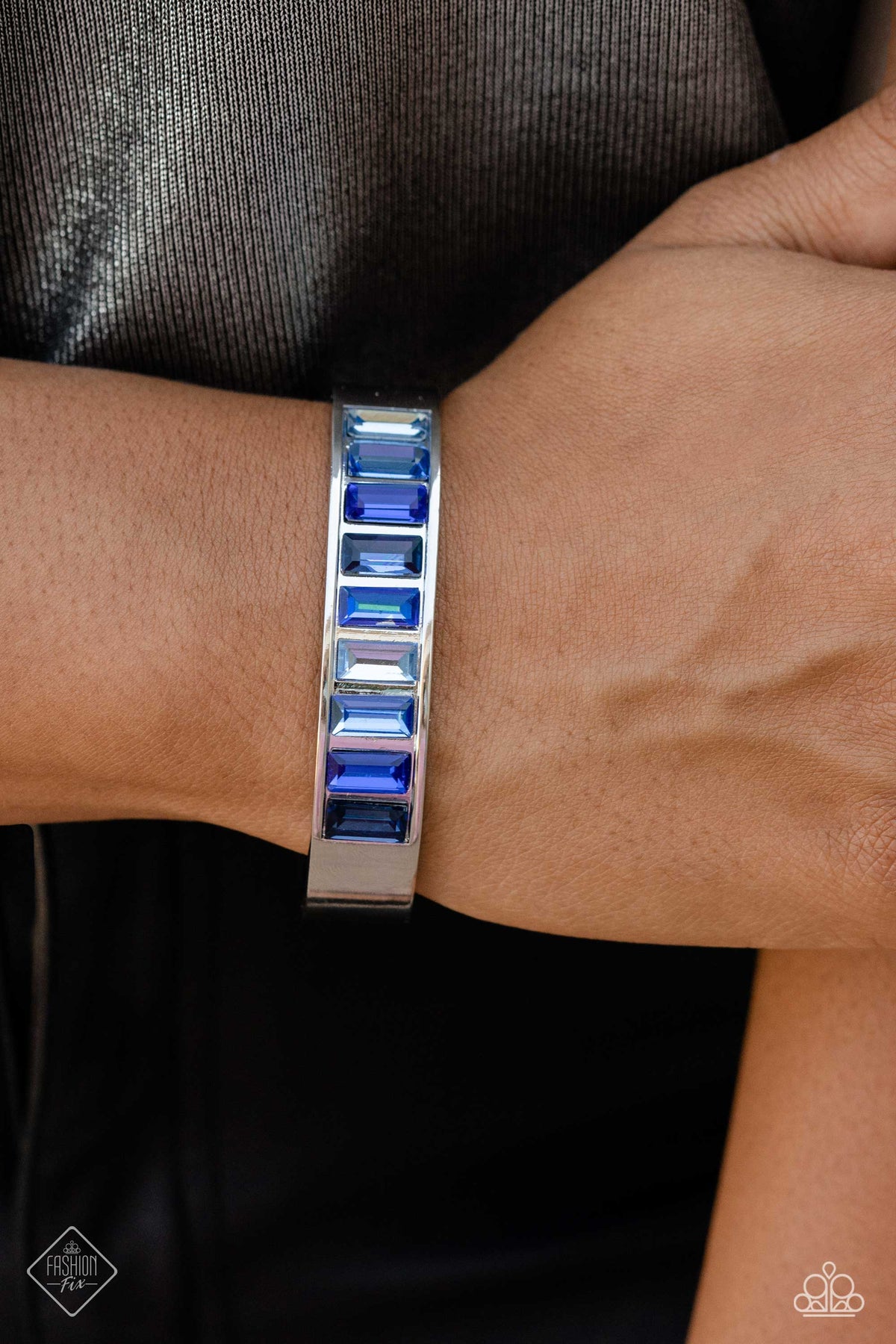 Practiced Poise Blue Rhinestone Cuff Bracelet - Paparazzi Accessories- on model - CarasShop.com - Paparazzi Jewelry by Cara Jewels