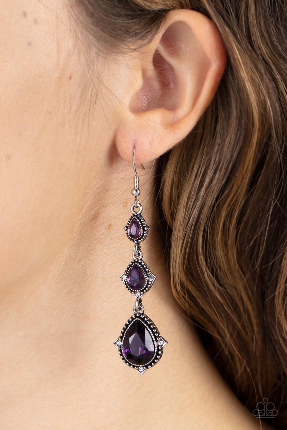 Prague Princess Purple Rhinestone Earrings - Paparazzi Accessories- on model - CarasShop.com - Paparazzi Jewelry by Cara Jewels