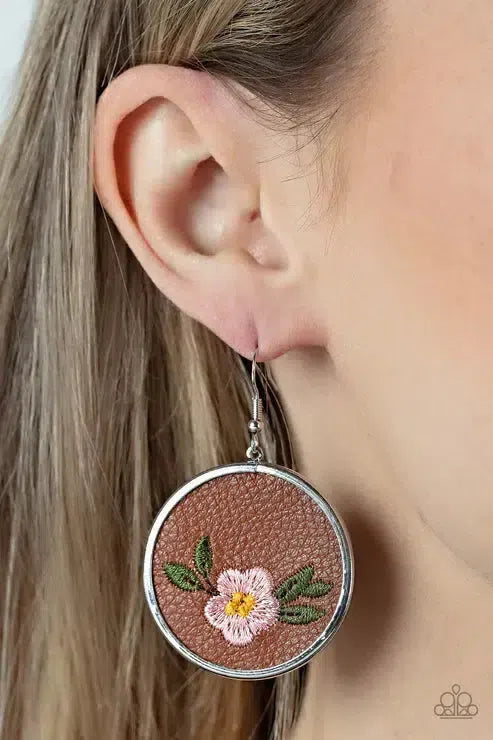 Prairie Patchwork Pink Earrings - Paparazzi Accessories-on model - CarasShop.com - Paparazzi Jewelry by Cara Jewels