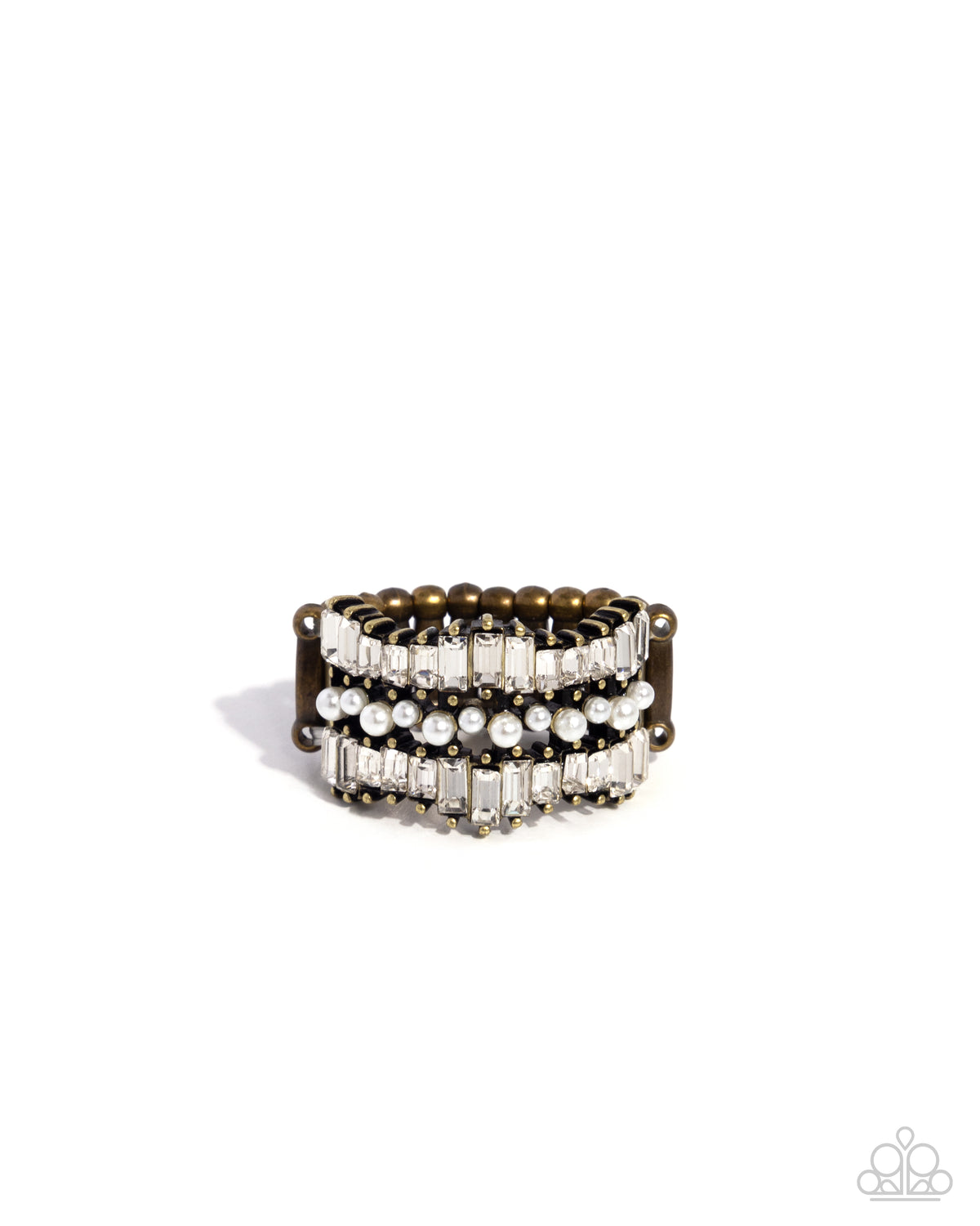 Preppy Pearls Brass Pearl & Rhinestone Ring - Paparazzi Accessories- lightbox - CarasShop.com - Paparazzi Jewelry by Cara Jewels