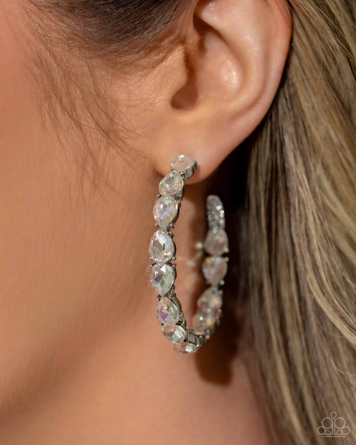 Presidential Pizzazz White Rhinestone Hoop Earrings - Paparazzi Accessories- on model - CarasShop.com - Paparazzi Jewelry by Cara Jewels