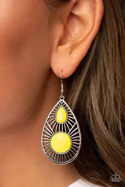 Prima Donna Diva Yellow Earrings - Paparazzi Accessories-on model - CarasShop.com - Paparazzi Jewelry by Cara Jewels