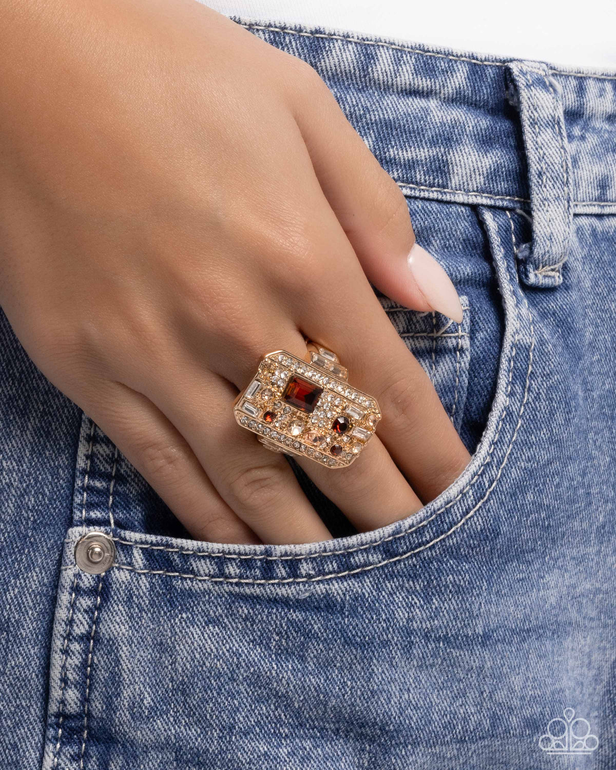 Princess Pattern Brown Gem & Gold Ring - Paparazzi Accessories- on model - CarasShop.com - Paparazzi Jewelry by Cara Jewels