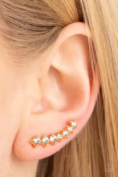 PRISMATIC and Proper Gold Earrings - Paparazzi Accessories-on model - CarasShop.com - Paparazzi Jewelry by Cara Jewels