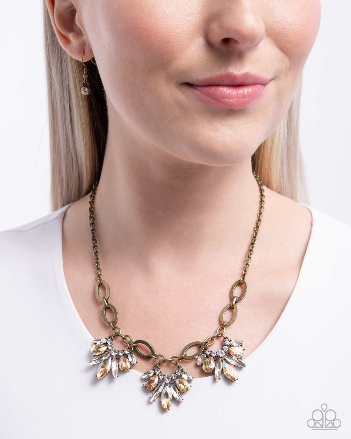 Professional Powerhouse Brass & Rhinestone Necklace - Paparazzi Accessories- on model - CarasShop.com - Paparazzi Jewelry by Cara Jewels