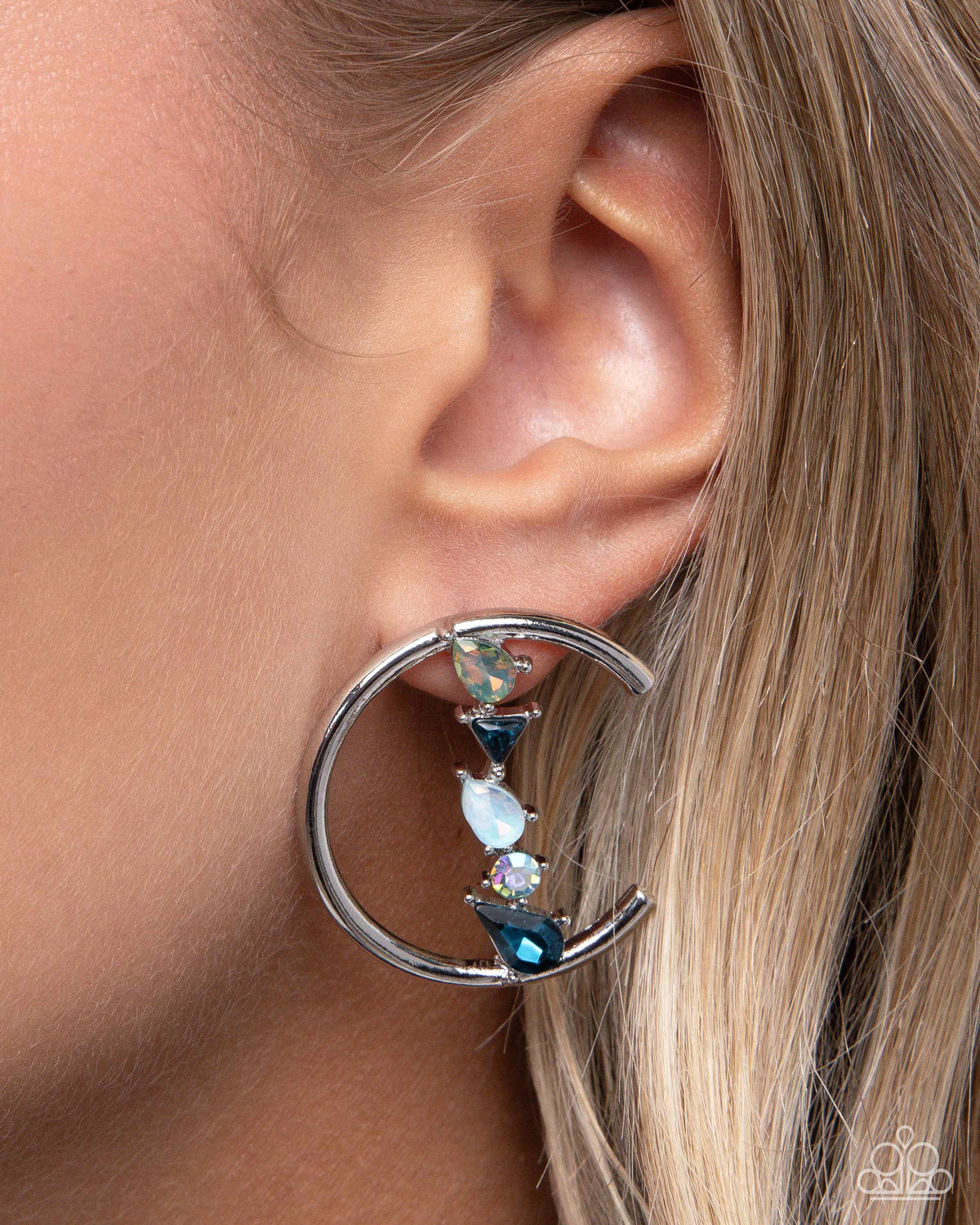 Pronged Patchwork Blue Gem Earrings - Paparazzi Accessories- on model - CarasShop.com - Paparazzi Jewelry by Cara Jewels