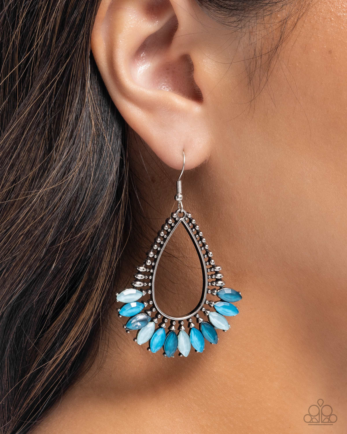 Pronged Pattern Blue Gem Earrings - Paparazzi Accessories- on model - CarasShop.com - Paparazzi Jewelry by Cara Jewels