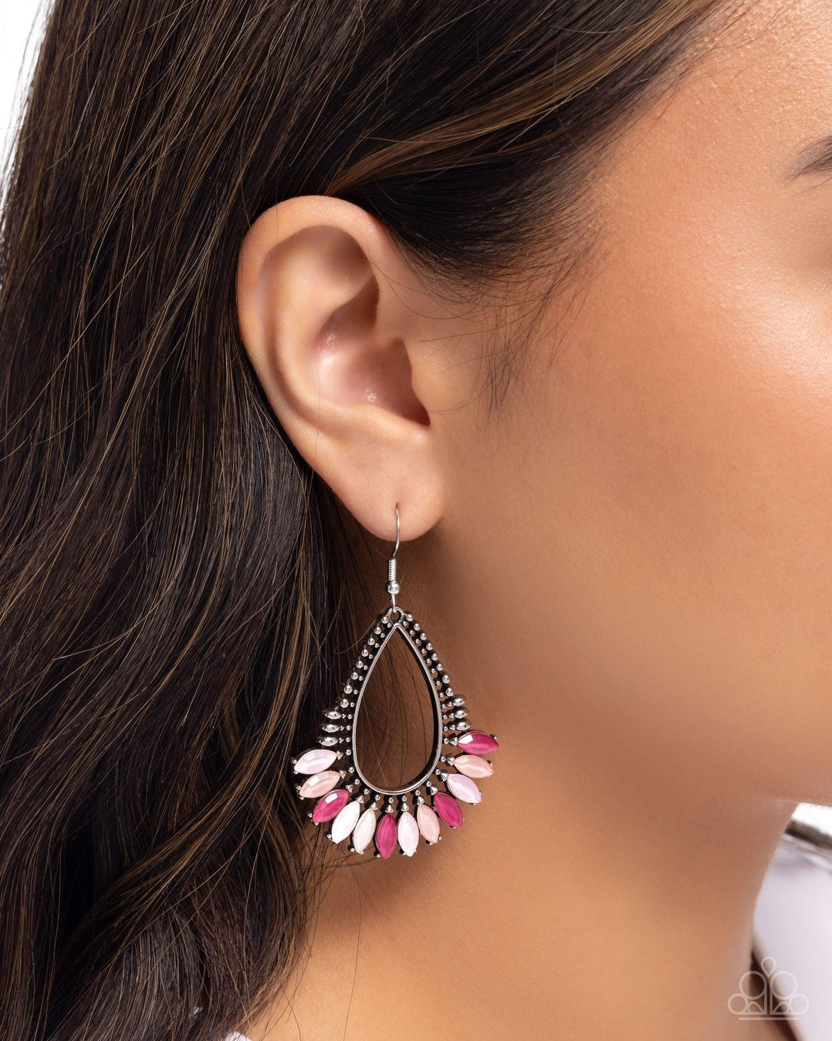 Pronged Pattern Pink Rhinestone Earrings - Paparazzi Accessories- on model - CarasShop.com - Paparazzi Jewelry by Cara Jewels