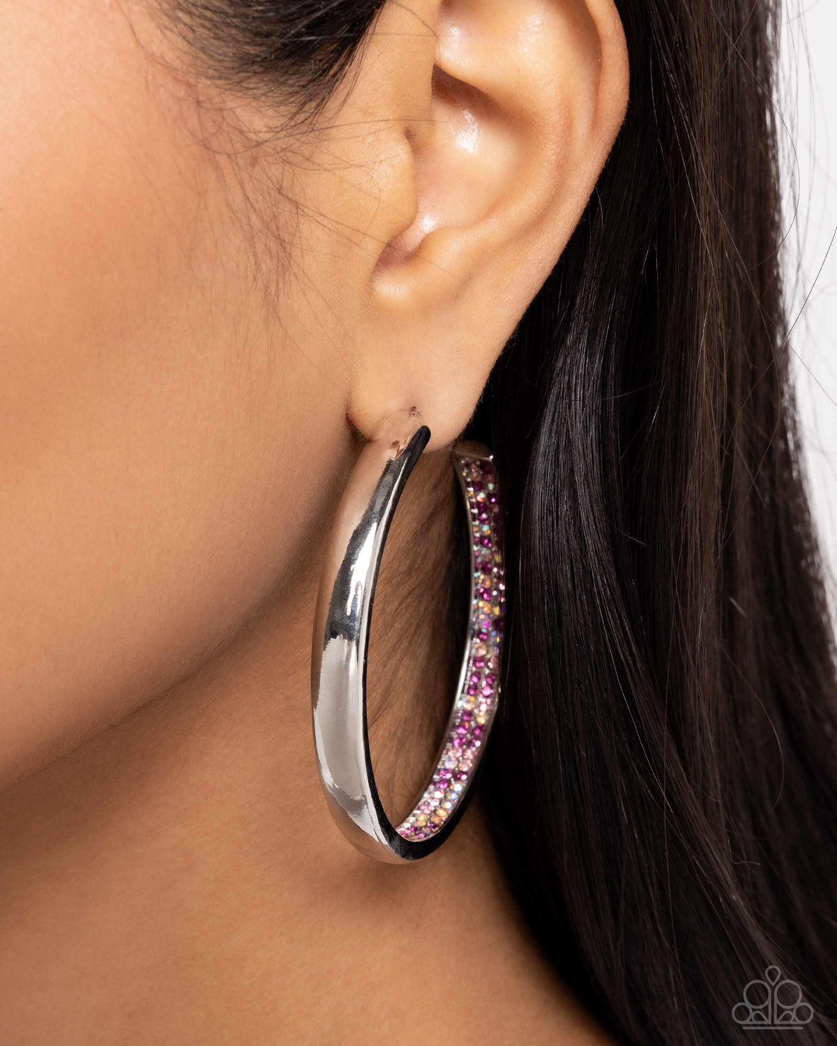 Proper Pizzazz Pink & Silver Hoop Earrings - Paparazzi Accessories- on model - CarasShop.com - Paparazzi Jewelry by Cara Jewels
