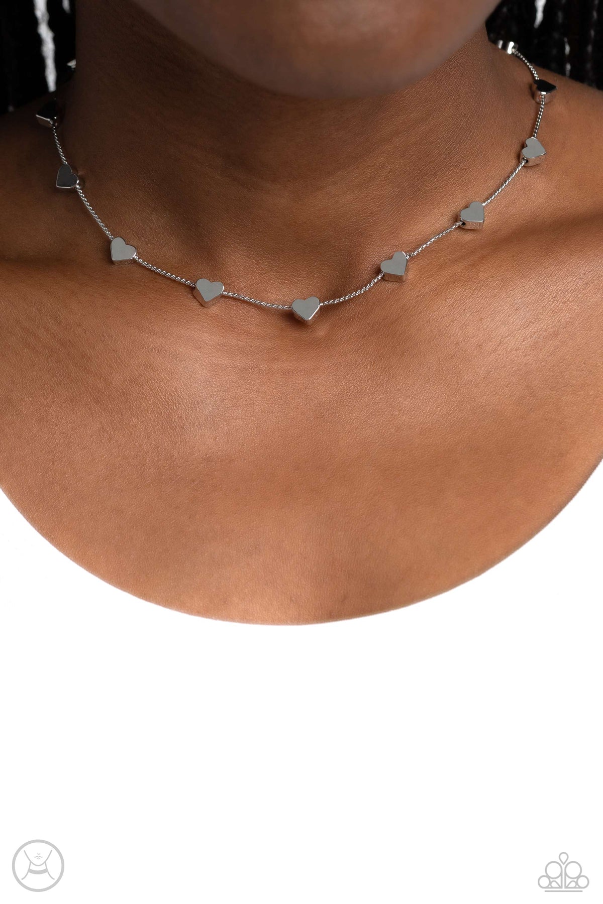 Public Display of Affection Silver Heart Choker Necklace - Paparazzi Accessories- on model - CarasShop.com - Paparazzi Jewelry by Cara Jewels