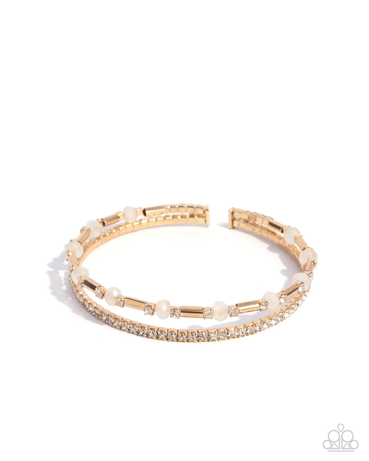 Publicity Pizzazz Gold & White Rhinestone Cuff Bracelet - Paparazzi Accessories- lightbox - CarasShop.com - Paparazzi Jewelry by Cara Jewels