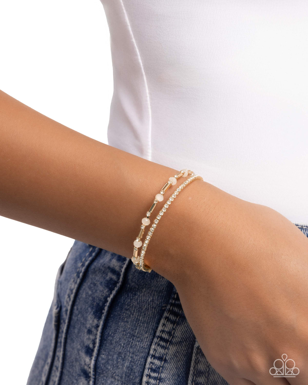 Publicity Pizzazz Gold & White Rhinestone Cuff Bracelet - Paparazzi Accessories-on model - CarasShop.com - Paparazzi Jewelry by Cara Jewels