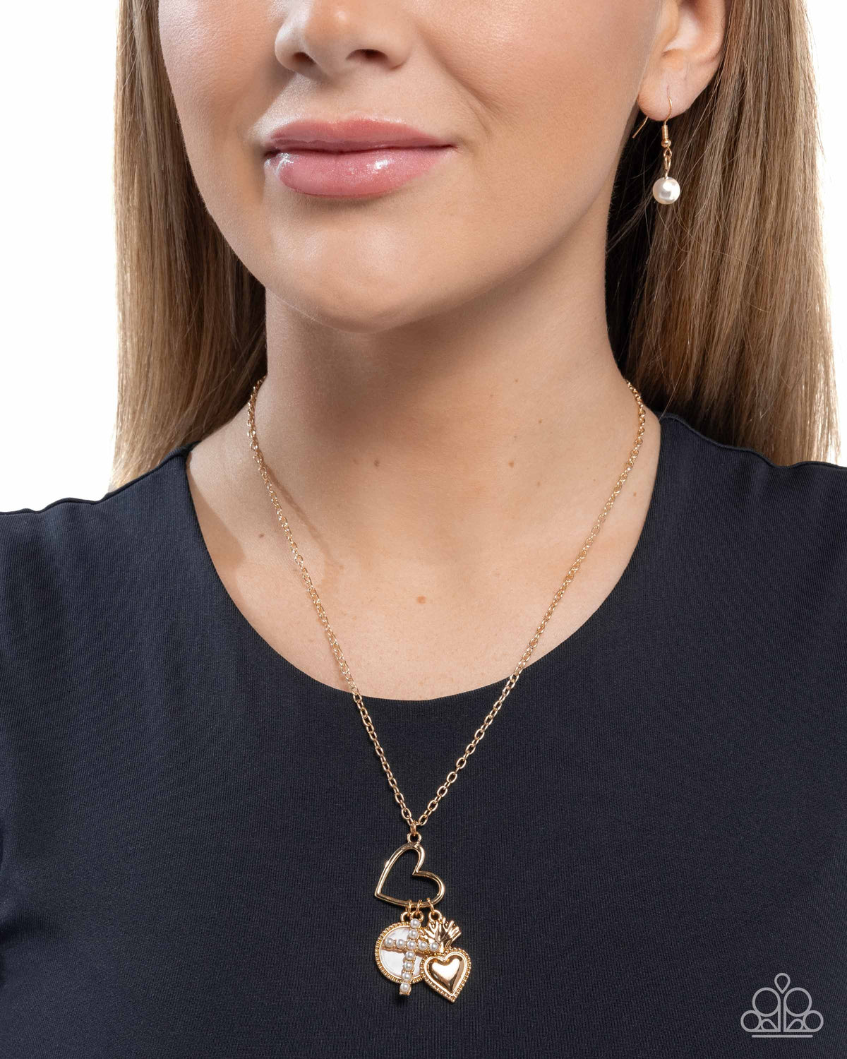Purely Blessed Gold Cross & Heart Charm Necklace - Paparazzi Accessories- on model - CarasShop.com - Paparazzi Jewelry by Cara Jewels