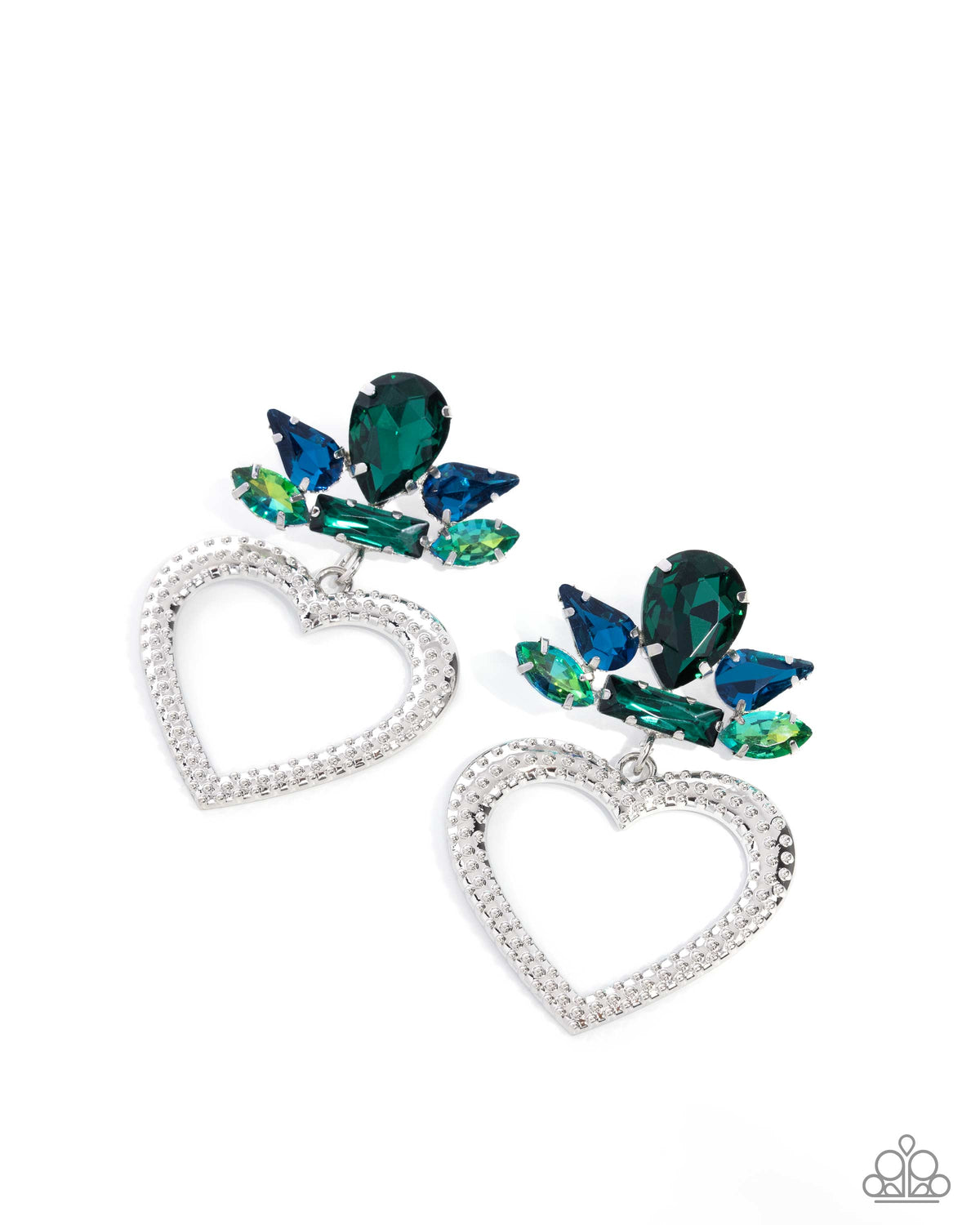 Pushing Perfection Multi Blue-Green Rhinestone & Silver Heart Earrings - Paparazzi Accessories- lightbox - CarasShop.com - Paparazzi Jewelry by Cara Jewels