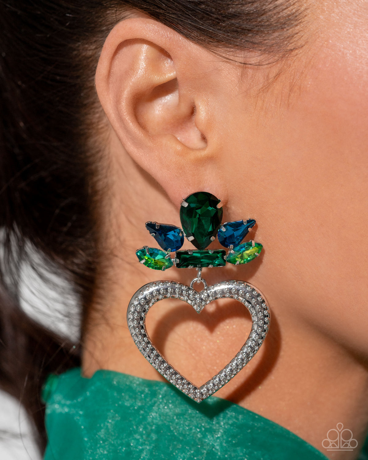 Pushing Perfection Multi Blue-Green Rhinestone & Silver Heart Earrings - Paparazzi Accessories- on model - CarasShop.com - Paparazzi Jewelry by Cara Jewels