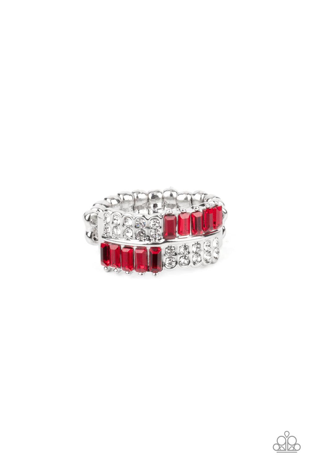 Put Them in Check Red & White Rhinestone Ring - Paparazzi Accessories- lightbox - CarasShop.com - Paparazzi Jewelry by Cara Jewels