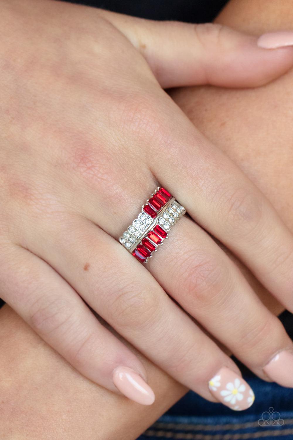 Put Them in Check Red & White Rhinestone Ring - Paparazzi Accessories- lightbox - CarasShop.com - Paparazzi Jewelry by Cara Jewels