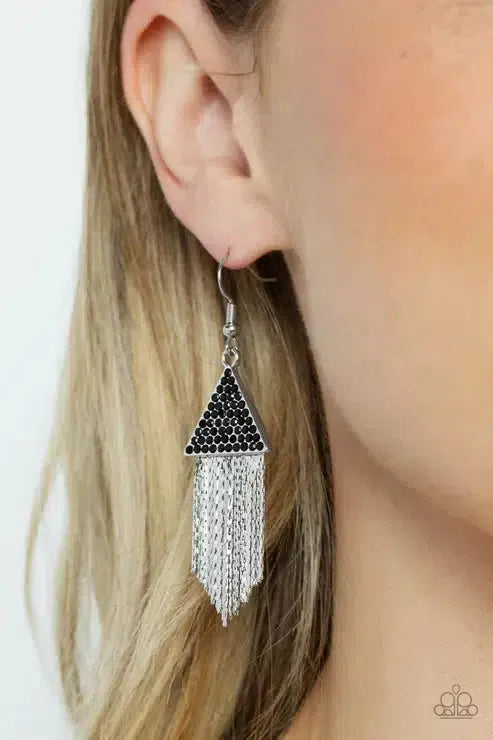 Pyramid SHEEN Black Earrings - Paparazzi Accessories-on model - CarasShop.com - Paparazzi Jewelry by Cara Jewels